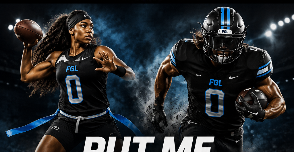 Flag football quarterback and running back on a football field